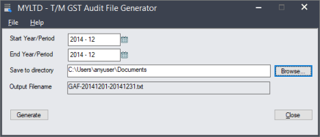 Image of the GST Audit File Generator screen